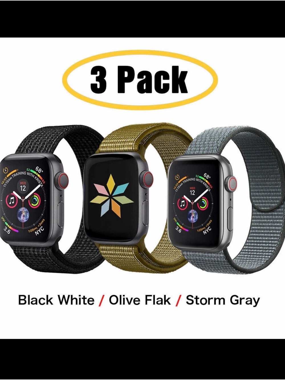 Apple Watch-Compatible 3-Pack Nylon Loop Bands - Black Olive Gray 38/49 mm